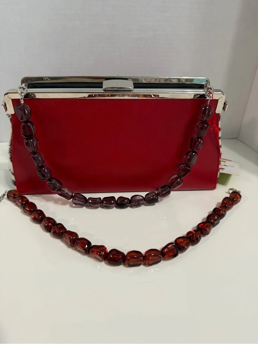 Tallula Tate Red/Zebra Structured Bead-Handle Shoulder Bag